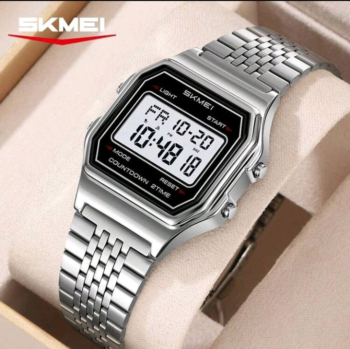 SKMEI 2465 Retro Digital Stainless Steel Watch – Silver
