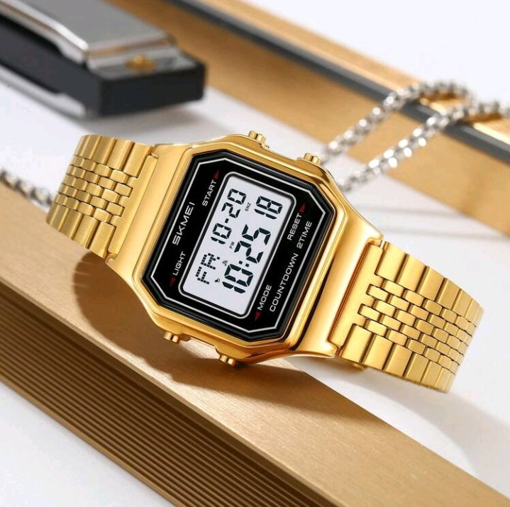 SKMEI 2465 Retro Digital Stainless Steel Watch – Gold