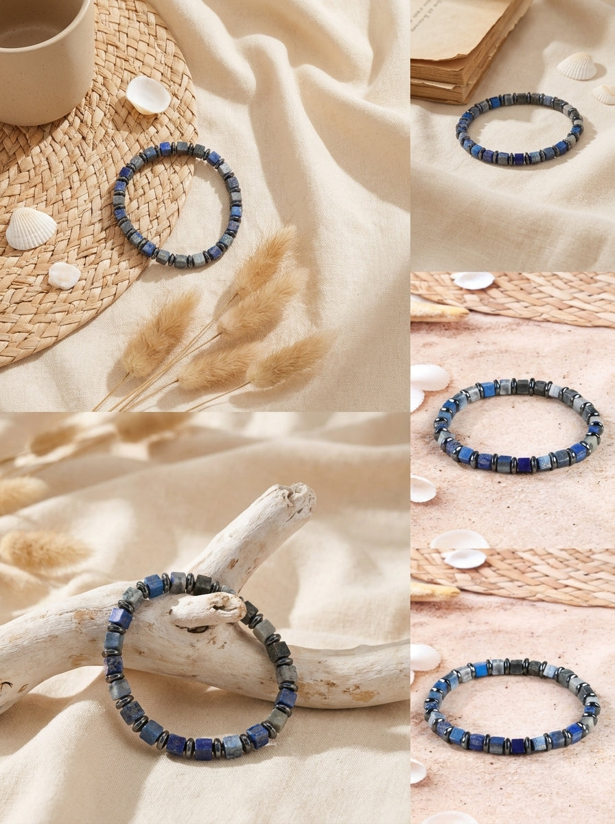 Moctavo Minimalist Cube Stone Bead Bracelet – Deep Blue