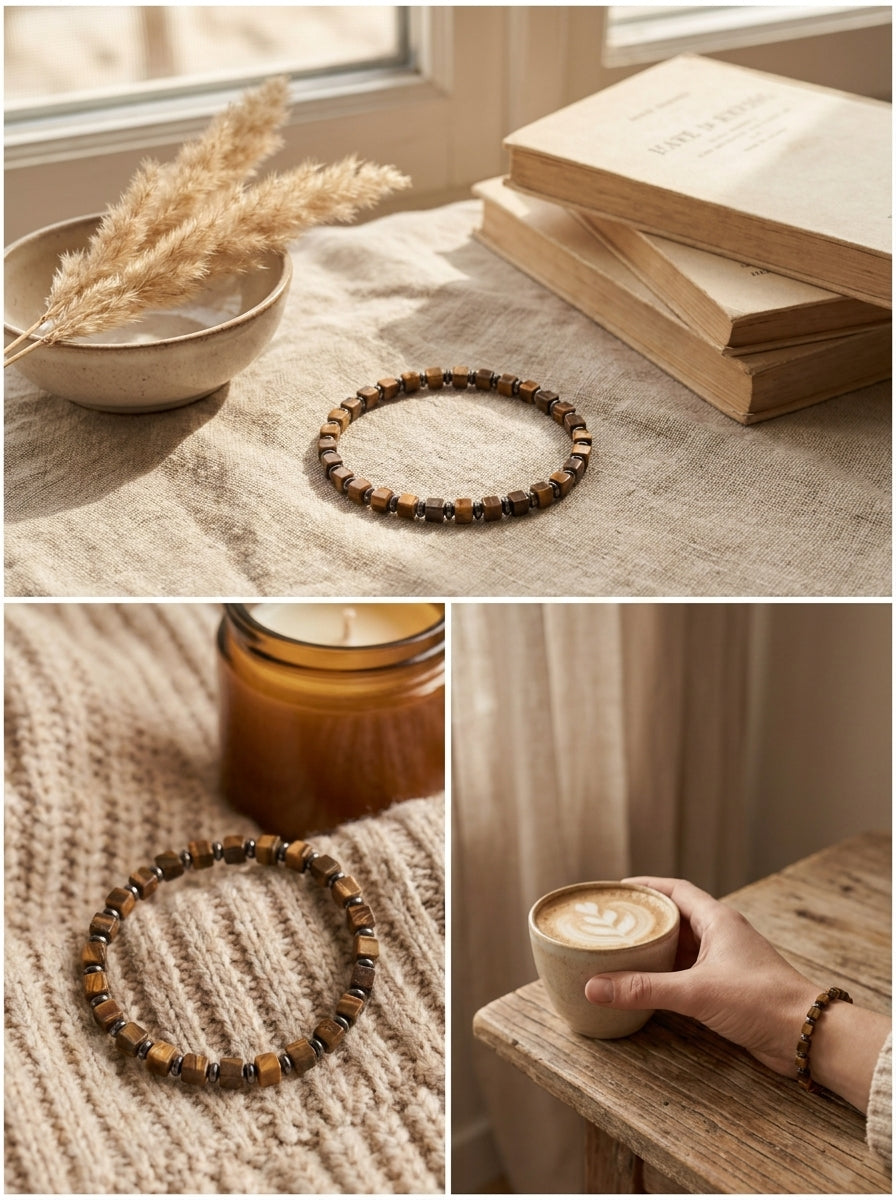 Moctavo Minimalist Cube Stone Bead Bracelet – Golden Amber