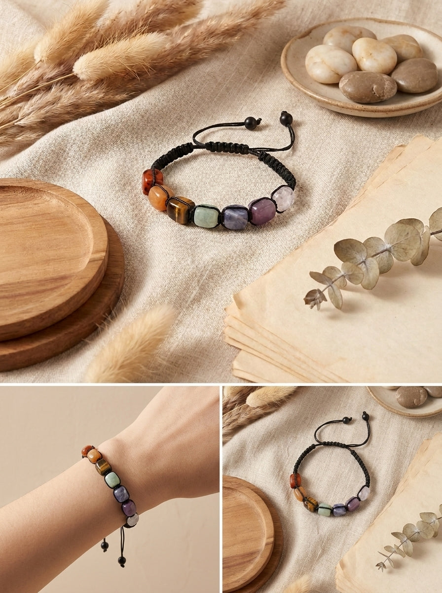 Moctavo 7 Chakra Energy Stone Braided Cord Bracelet