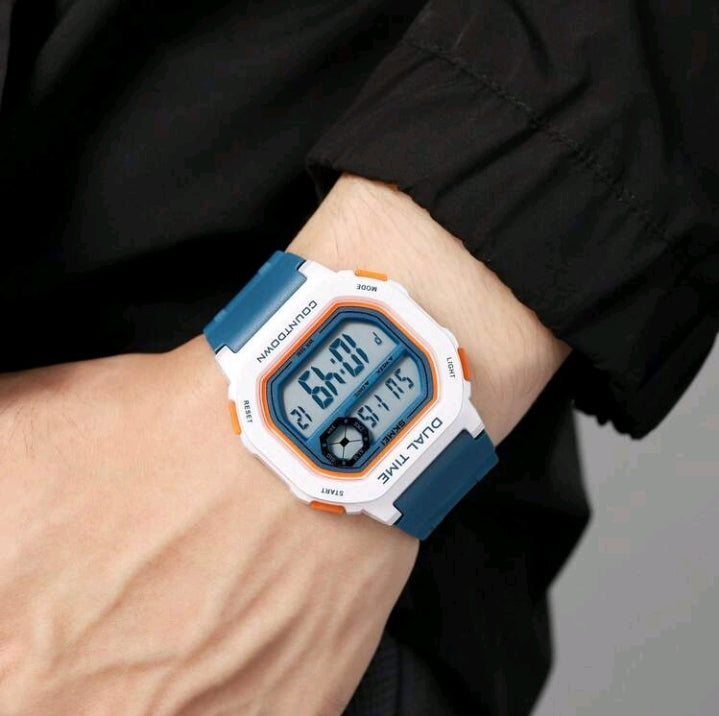 SKMEI Men’s Dual Time Retro Digital Watch – Blue & White