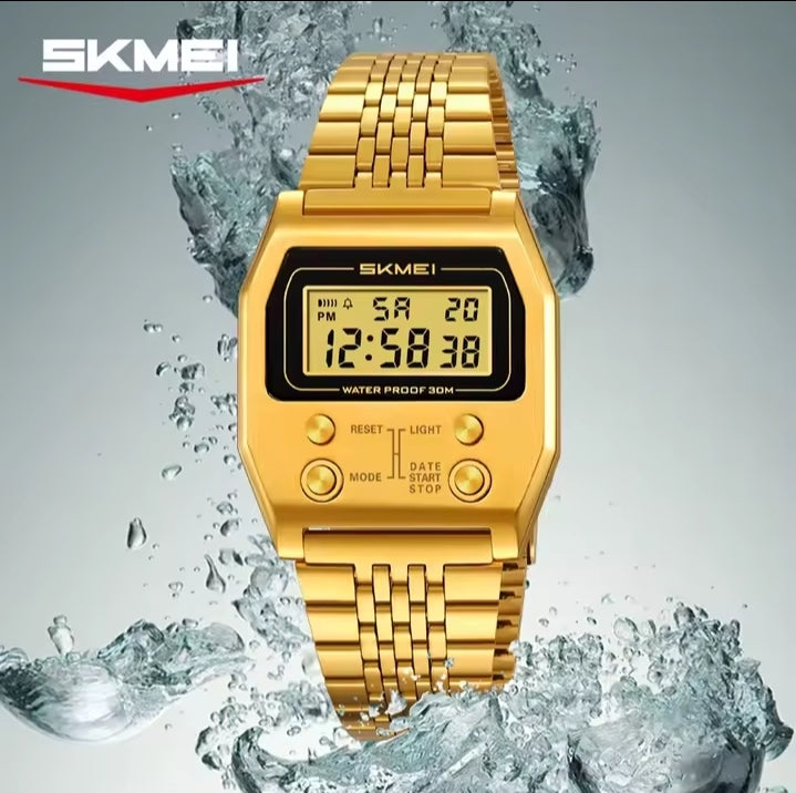 SKMEI 2460 Retro Digital Stainless Steel Watch – Gold
