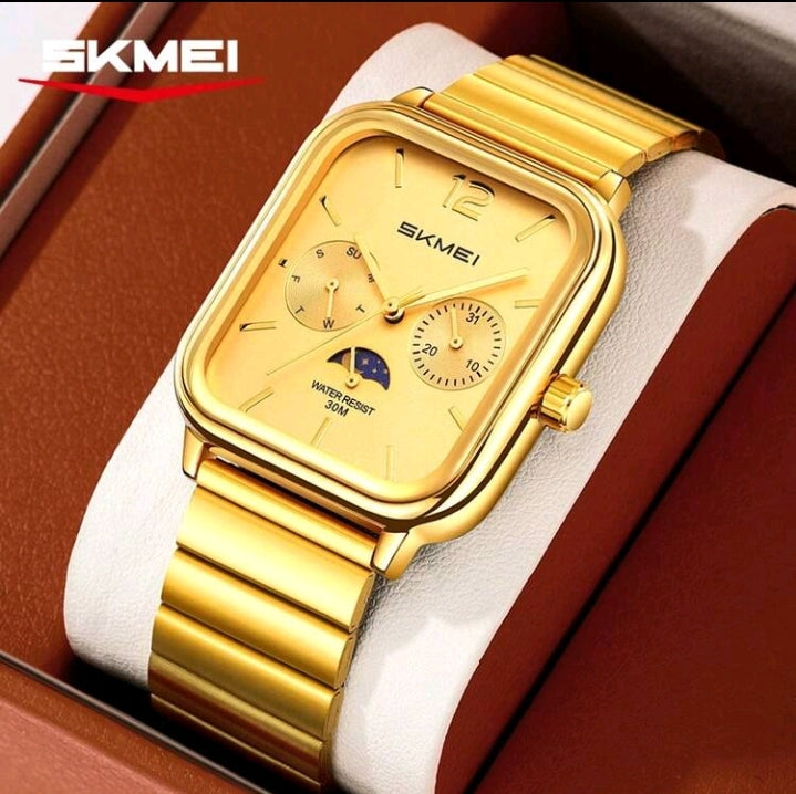 SKMEI 2509 Retro Square Quartz Watch – Stainless Steel-Gold
