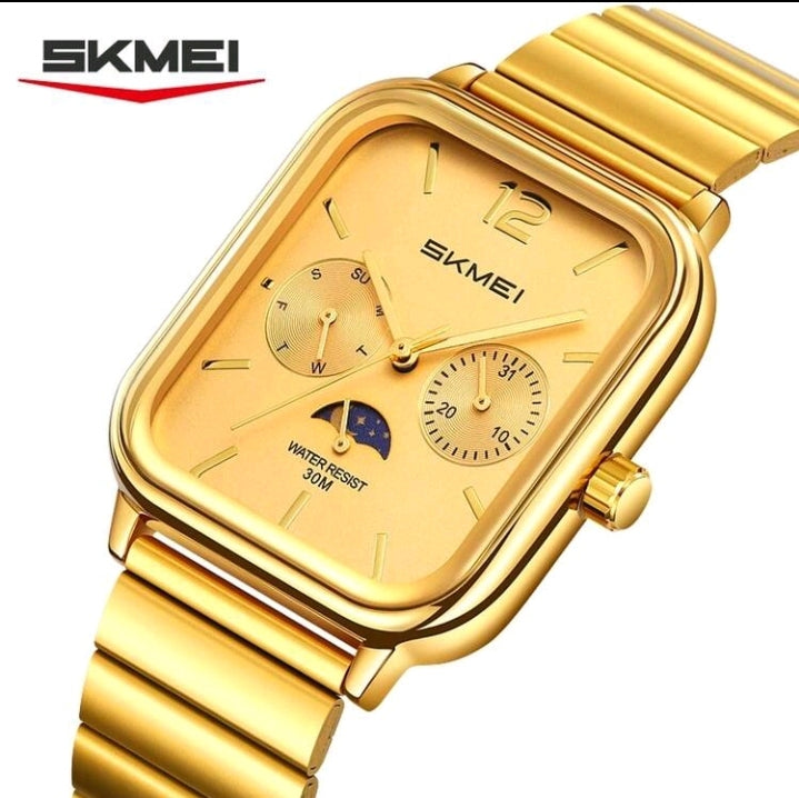 SKMEI 2509 Retro Square Quartz Watch – Stainless Steel-Gold