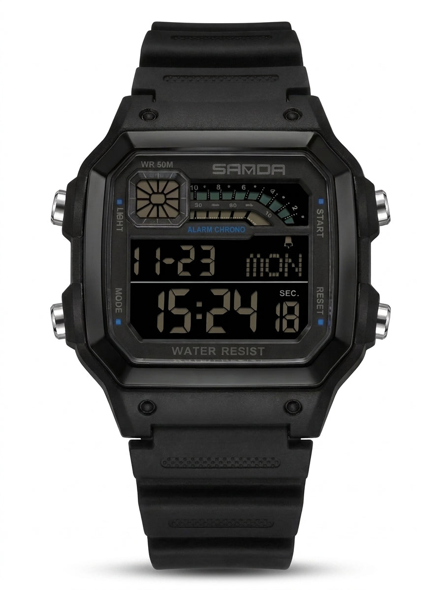 SANDA 6196 Retro Multi-Time Digital Watch – Black