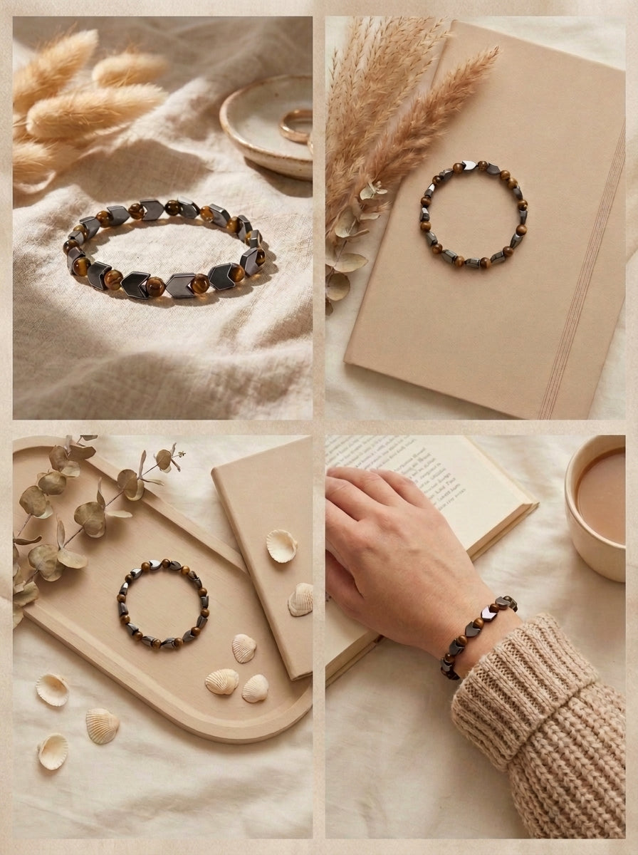 Moctavo Arrowhead Tiger’s Eye Bead Bracelet – Gunmetal & Amber