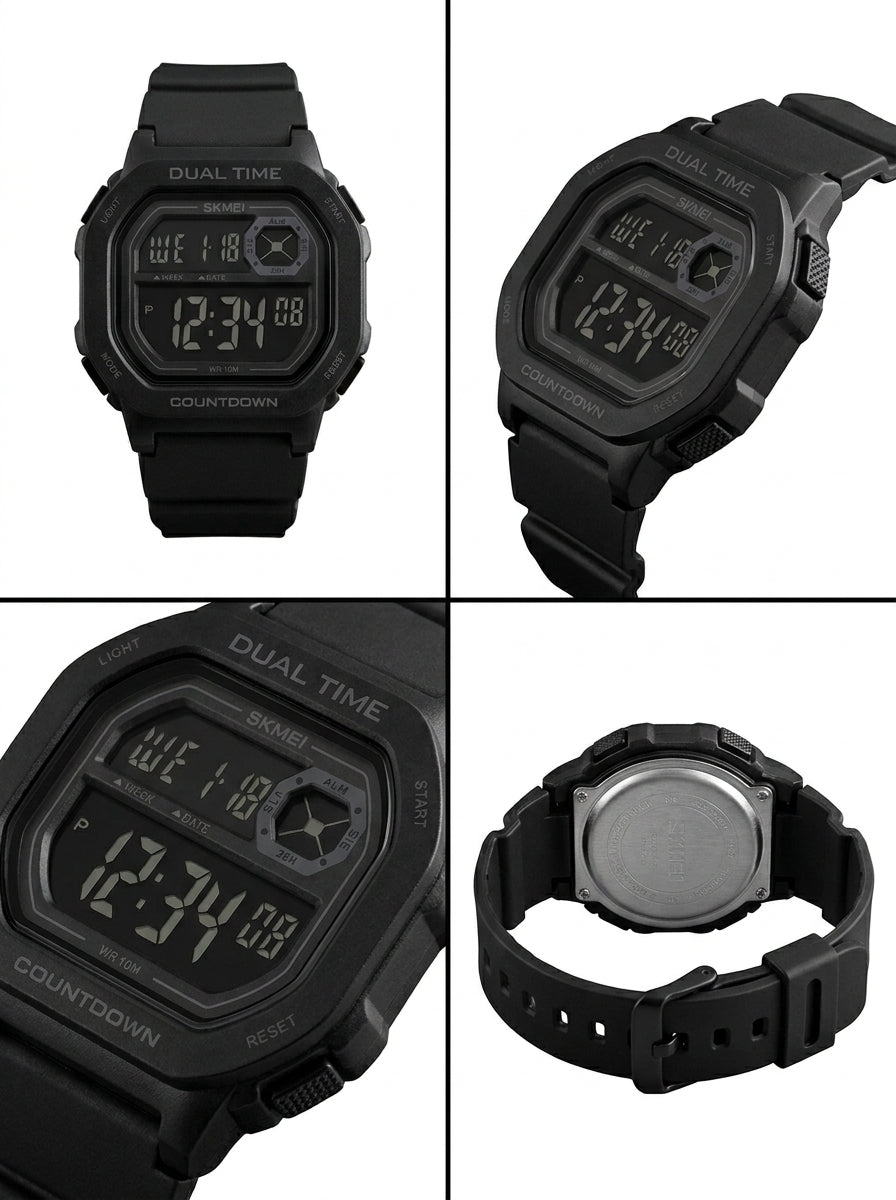 SKMEI Men’s Dual Time Retro Digital Watch – Black