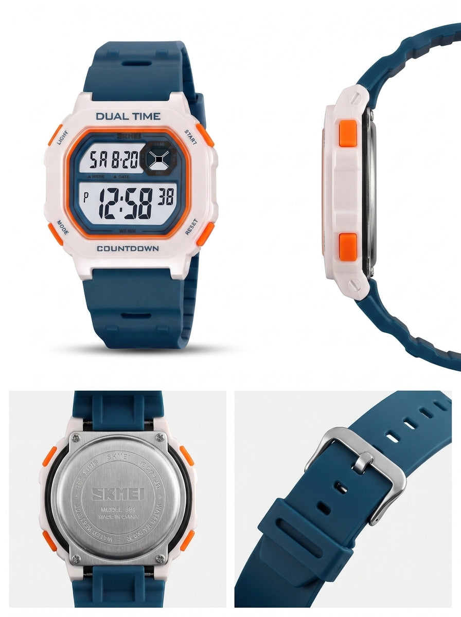 SKMEI Men’s Dual Time Retro Digital Watch – Blue & White