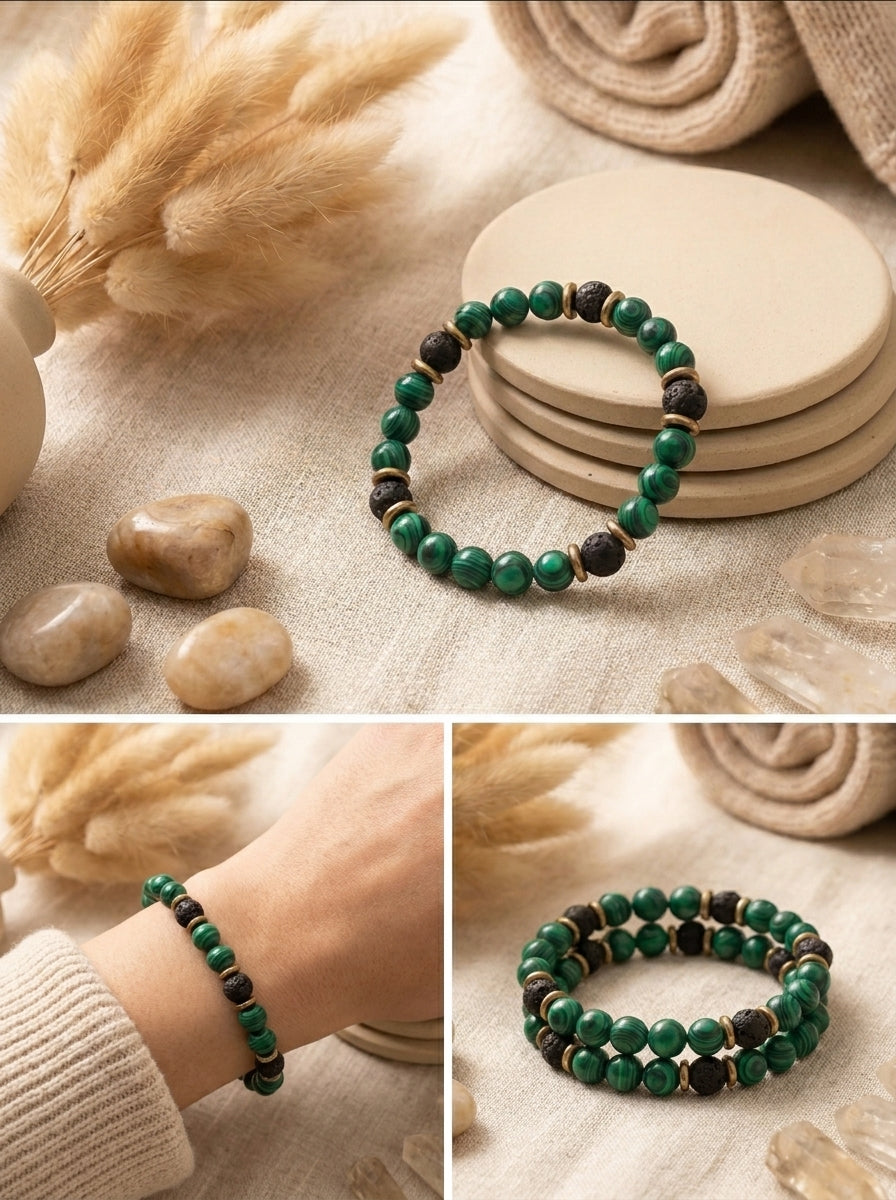 Moctavo Emerald Malachite & Lava Bead Bracelet – Green & Antique Gold