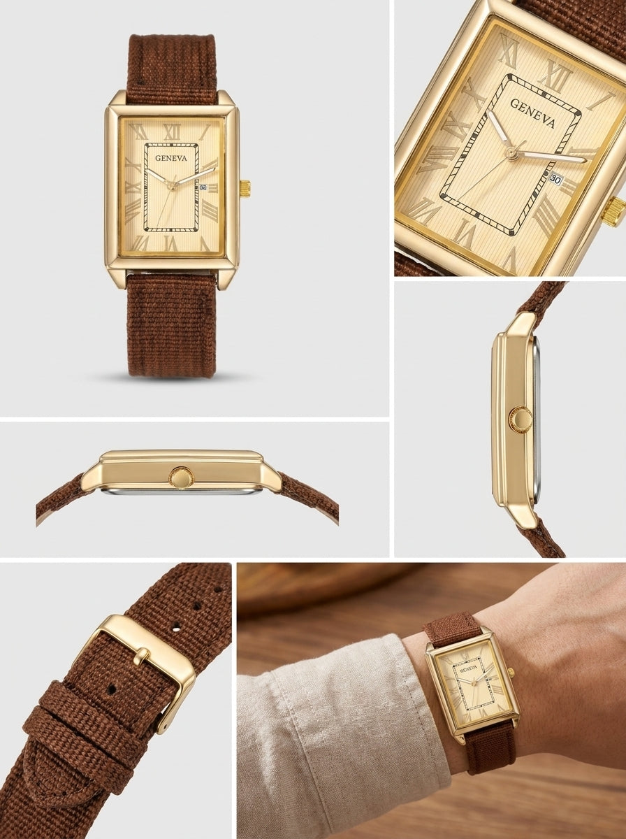 GENEVA Vintage Tank Quartz Watch – Gold / Brown Canvas