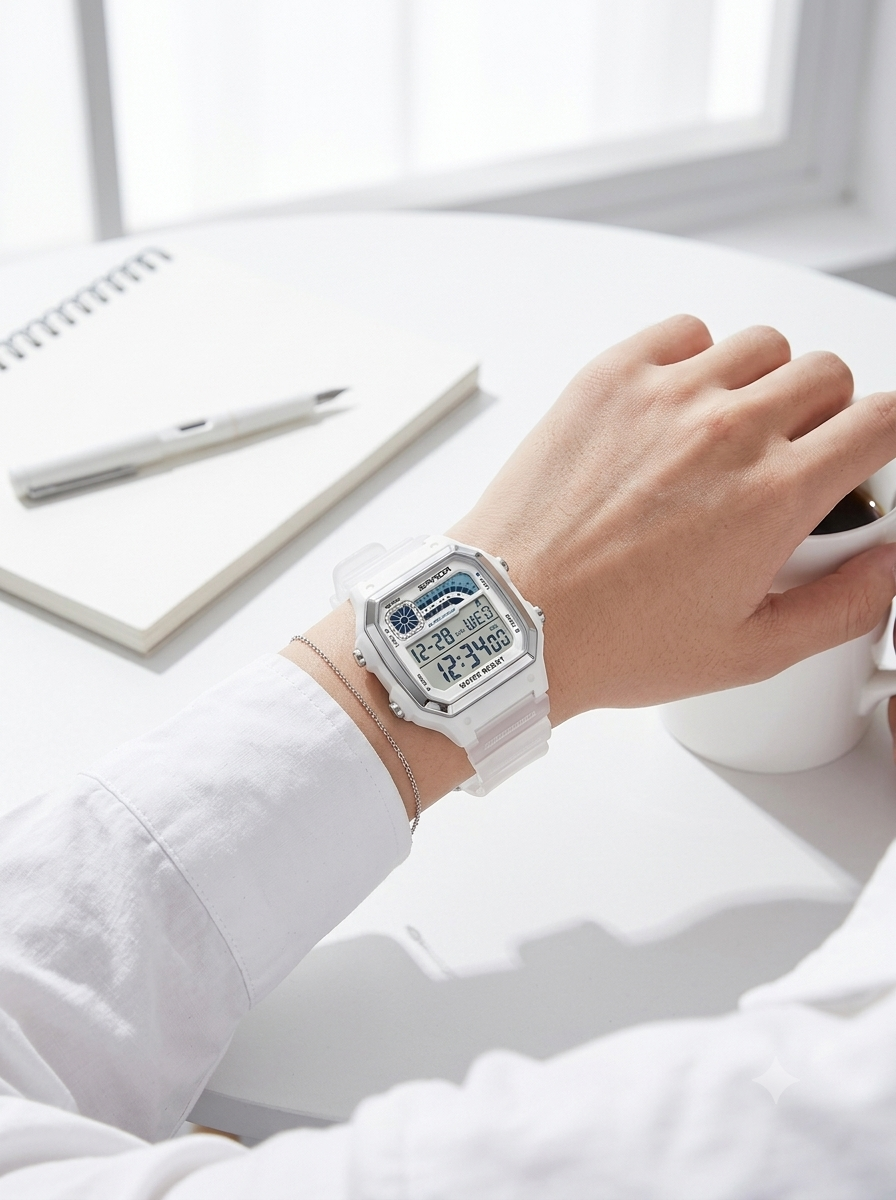 SANDA 6196 Retro Multi-Time Digital Watch – White