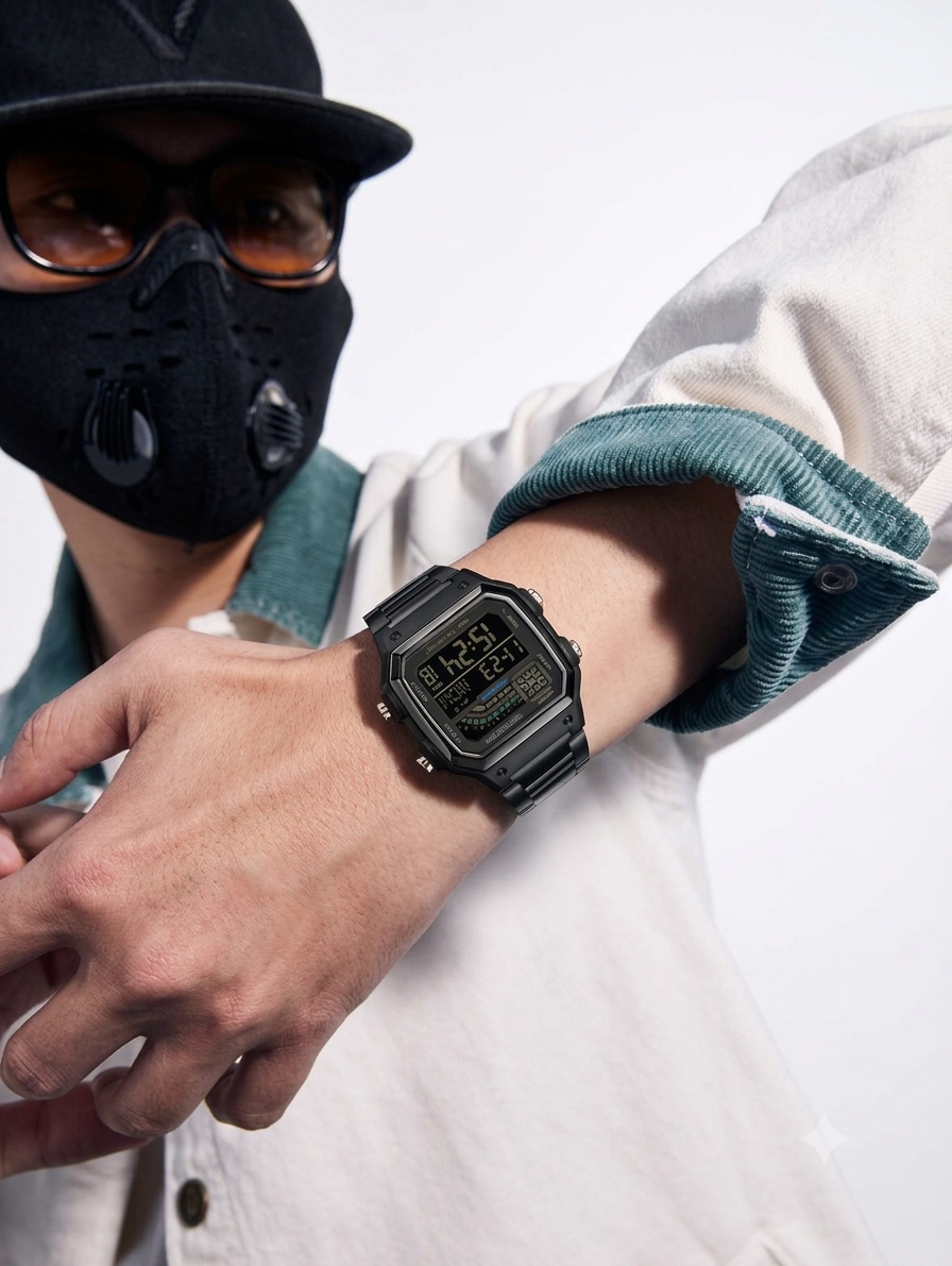 SANDA 6196 Retro Multi-Time Digital Watch – Black
