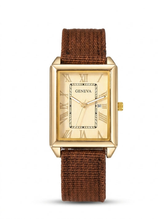 GENEVA Vintage Tank Quartz Watch – Gold / Brown Canvas