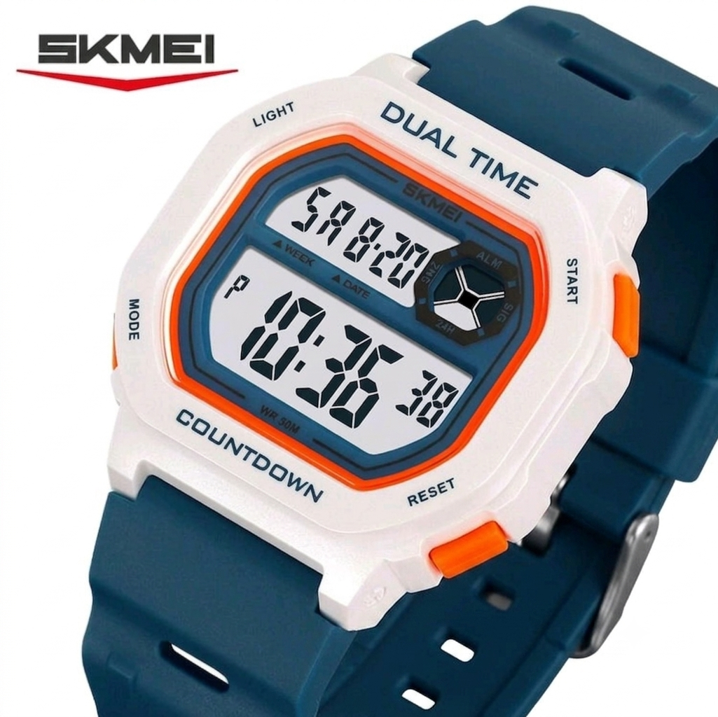 SKMEI Men’s Dual Time Retro Digital Watch – Blue & White