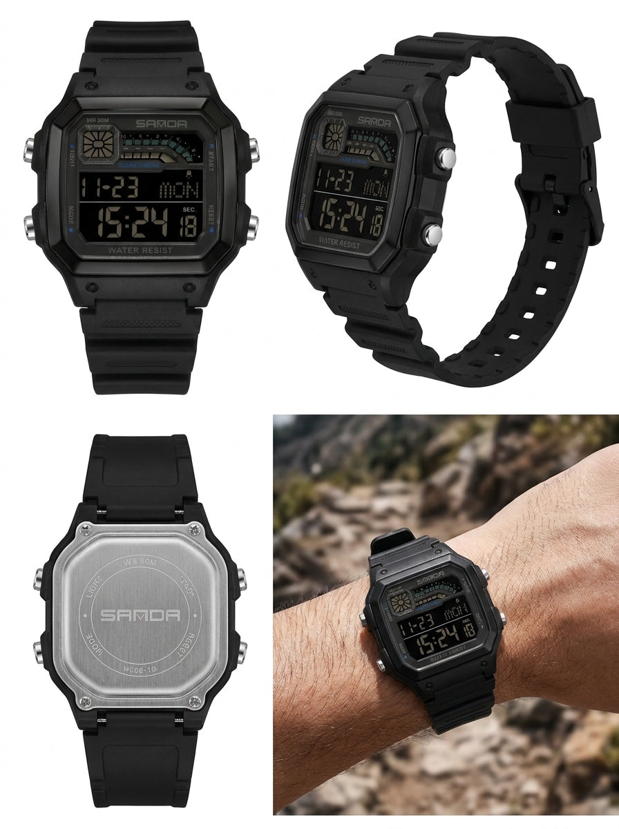 SANDA 6196 Retro Multi-Time Digital Watch – Black